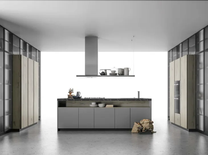 Cucina Design Aspen in Rovere nodato e Vetro grigio di Doimo Cucine