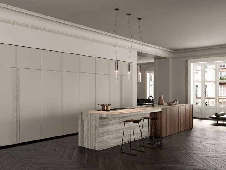 Cucina Design con isola Factory 03 in marmo Travertino e Rovere Gold di Key Cucine